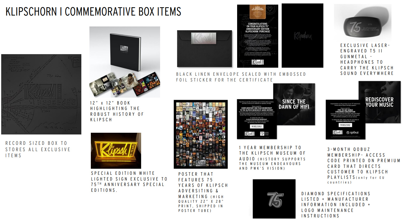 Kolekcjonerskie Pudełko Klipschorn 75th Anniversary – Limitowany Zestaw Pamiątkowy Ekskluzywne pudełko kolekcjonerskie do Klipschorn AK6 75th zawiera księgę, plakat, słuchawki, podświetlane logo i inne wyjątkowe dodatki. Idealny prezent dla audiofila i fana marki Klipsch.